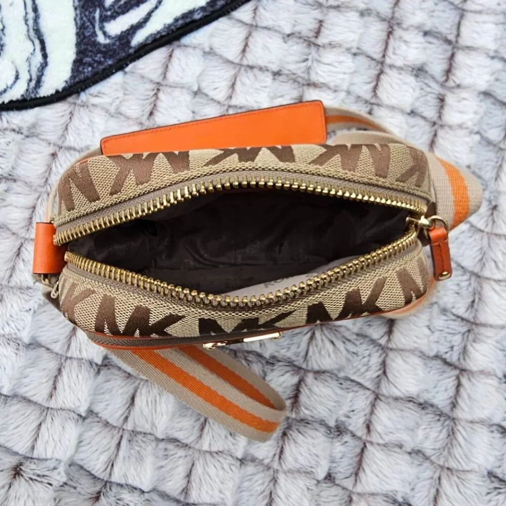 Michael Kors Crossbody Signature Logo Canvas Beige Tangerine strap zipped - Picture 4 of 6